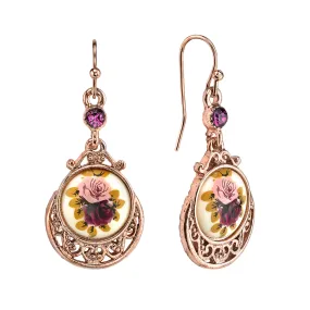 1928 Jewelry Manor House Purple & Pink Rose Flower Amethyst Crystal Drop Earrings