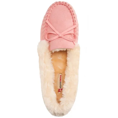 Alpine Swiss Leah Womens Shearling Moccasin Slippers Faux Fur Slip On House Shoes