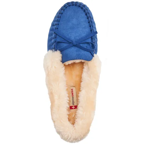 Alpine Swiss Leah Womens Shearling Moccasin Slippers Faux Fur Slip On House Shoes