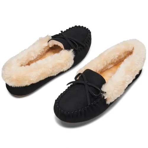 Alpine Swiss Leah Womens Shearling Moccasin Slippers Faux Fur Slip On House Shoes