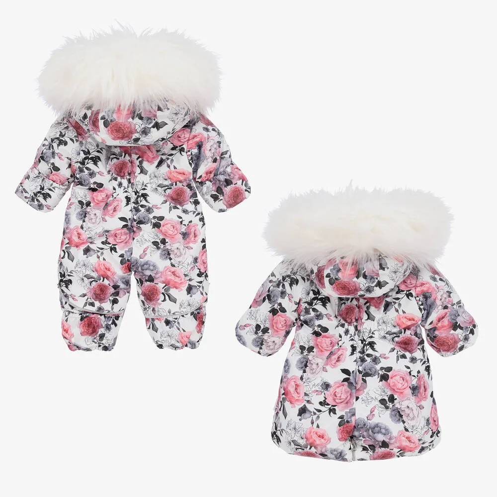 Baby Girls White & Pink Floral Snowsuit