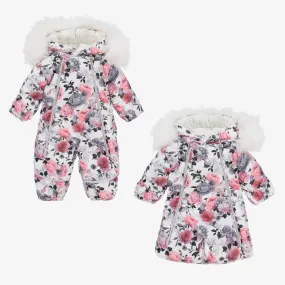 Baby Girls White & Pink Floral Snowsuit