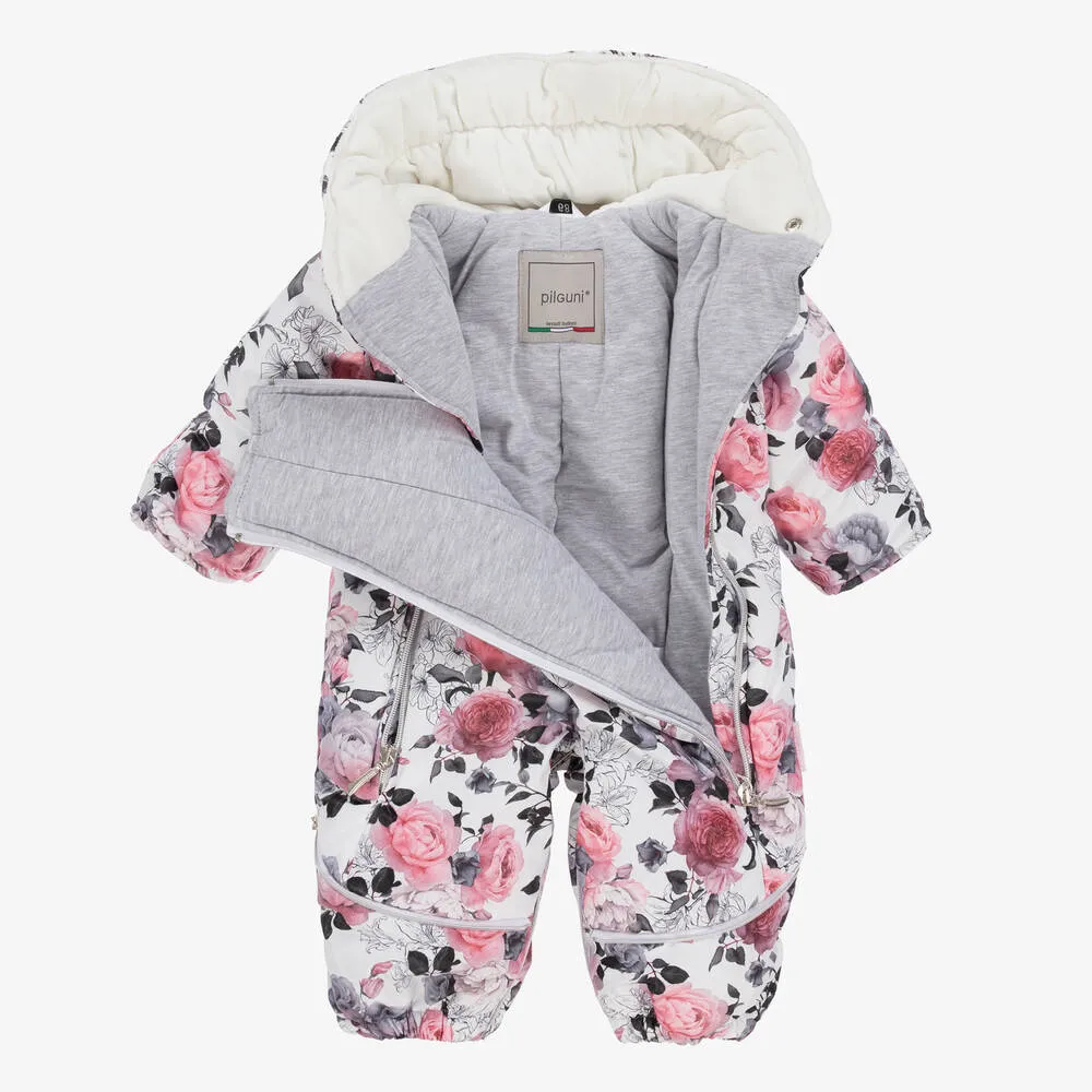 Baby Girls White & Pink Floral Snowsuit