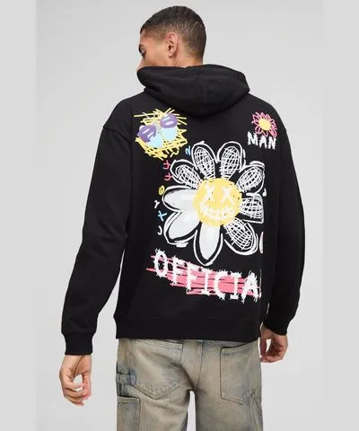 boohoo Mens Oversized Floral Doodle Graphic Hoodie