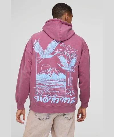 boohoo Mens Oversized Homme Bird Volcano Graphic Washed Hoodie