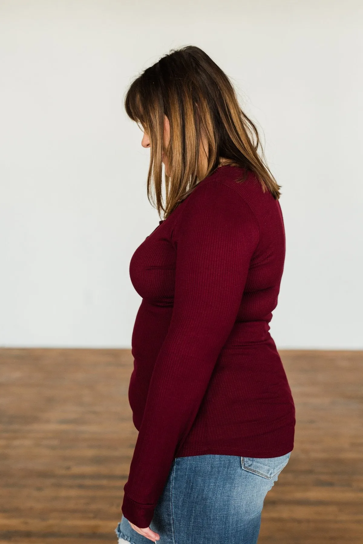 Break The Silence Button Henley Top- Burgundy