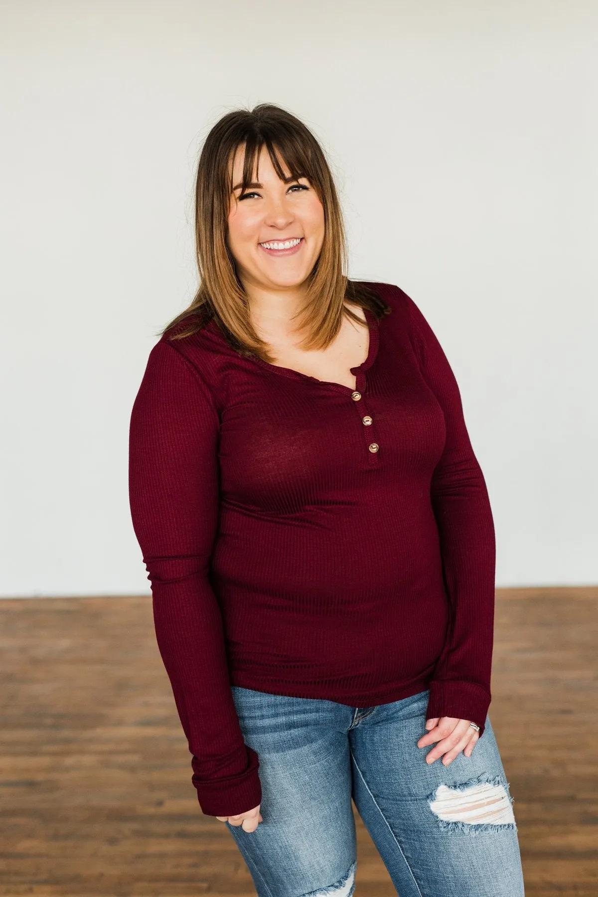 Break The Silence Button Henley Top- Burgundy