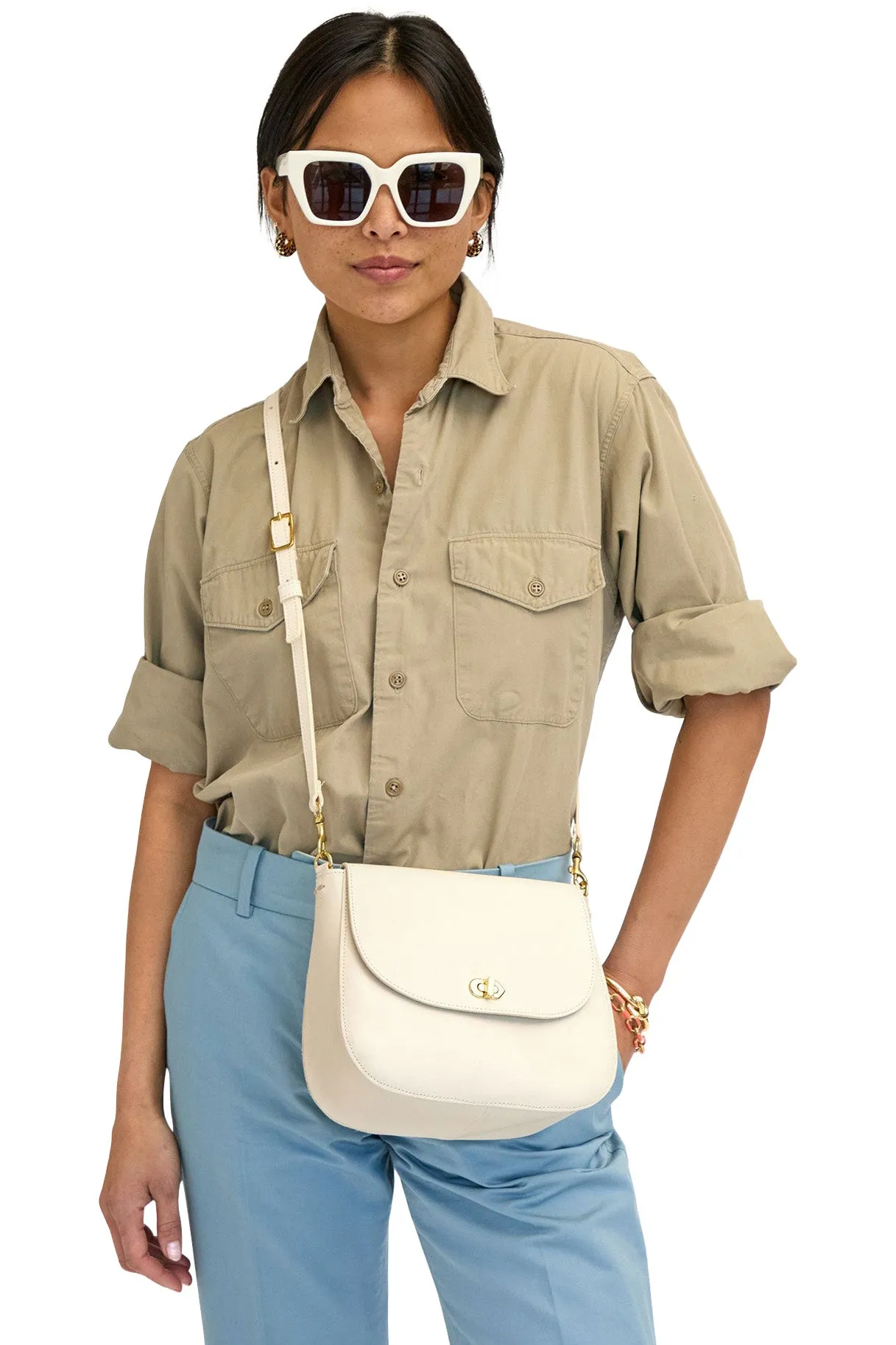 Clare V. Turnlock Louis Bag in Cream