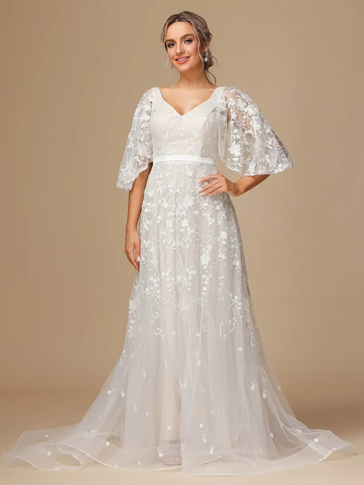 Col V et Manches papillon Dentelle Tulle Robe de Mariée avec Traîne