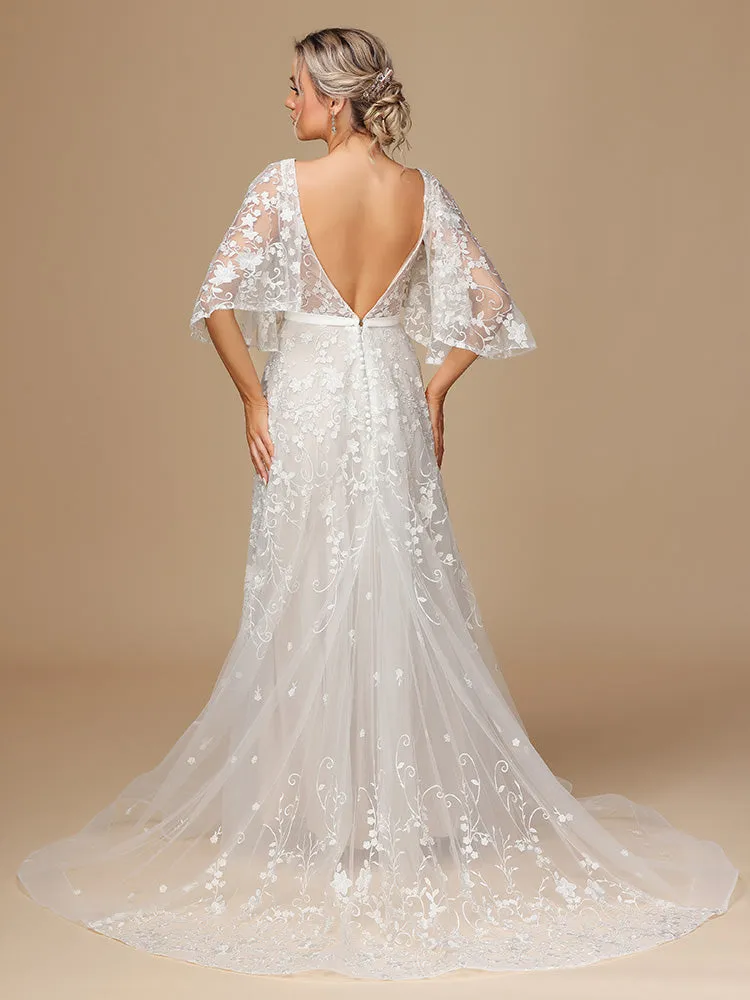 Col V et Manches papillon Dentelle Tulle Robe de Mariée avec Traîne