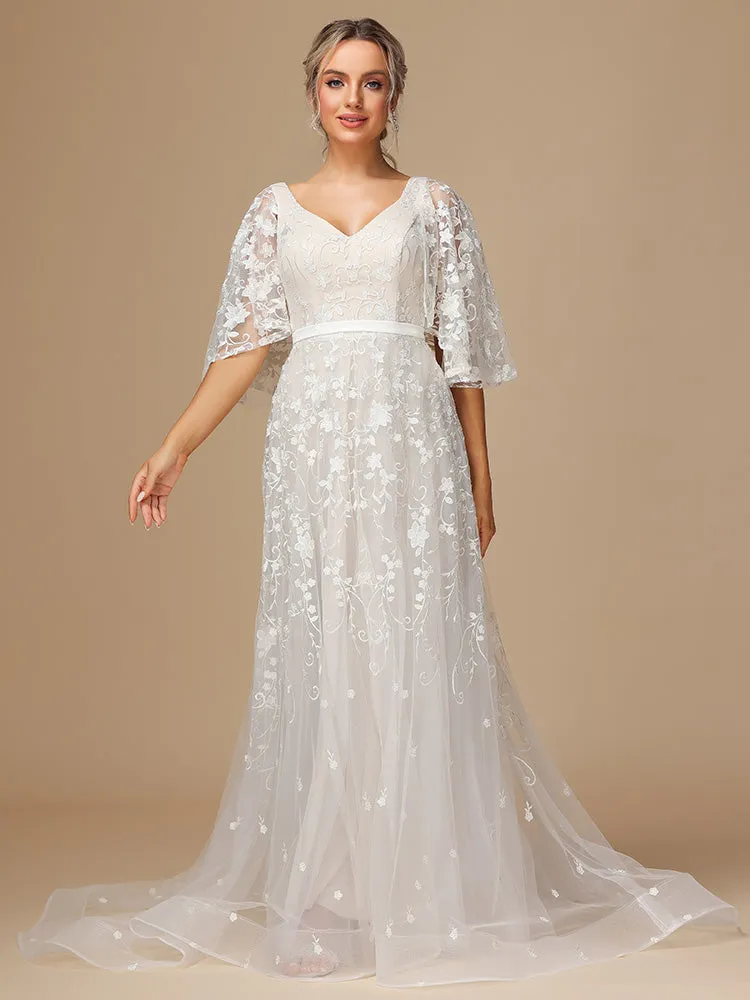 Col V et Manches papillon Dentelle Tulle Robe de Mariée avec Traîne