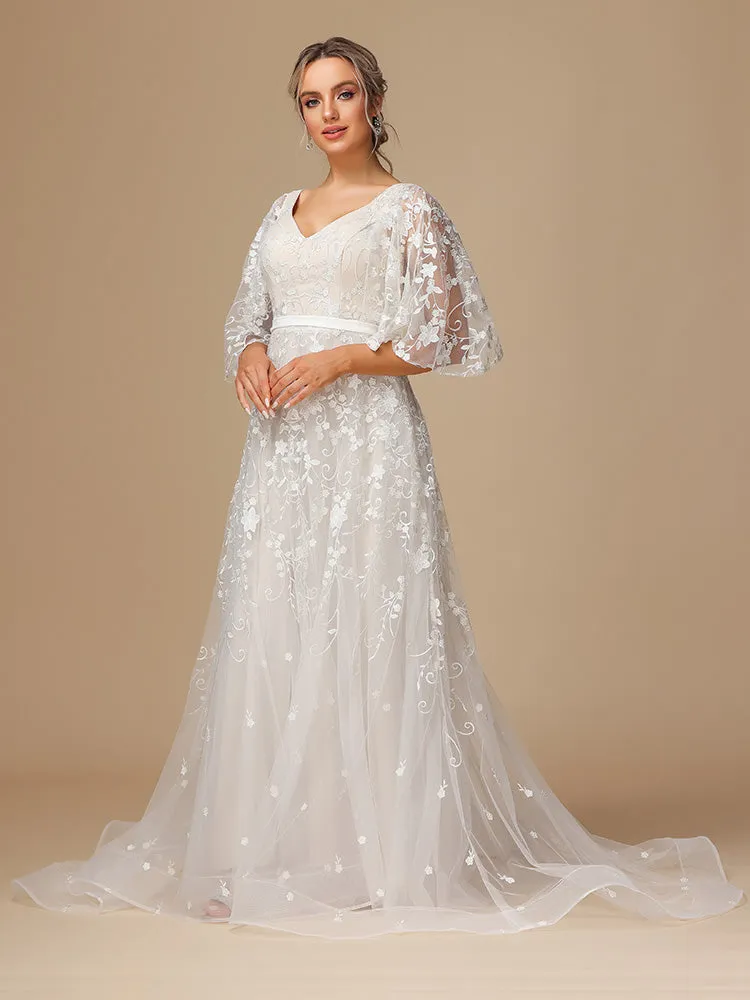 Col V et Manches papillon Dentelle Tulle Robe de Mariée avec Traîne