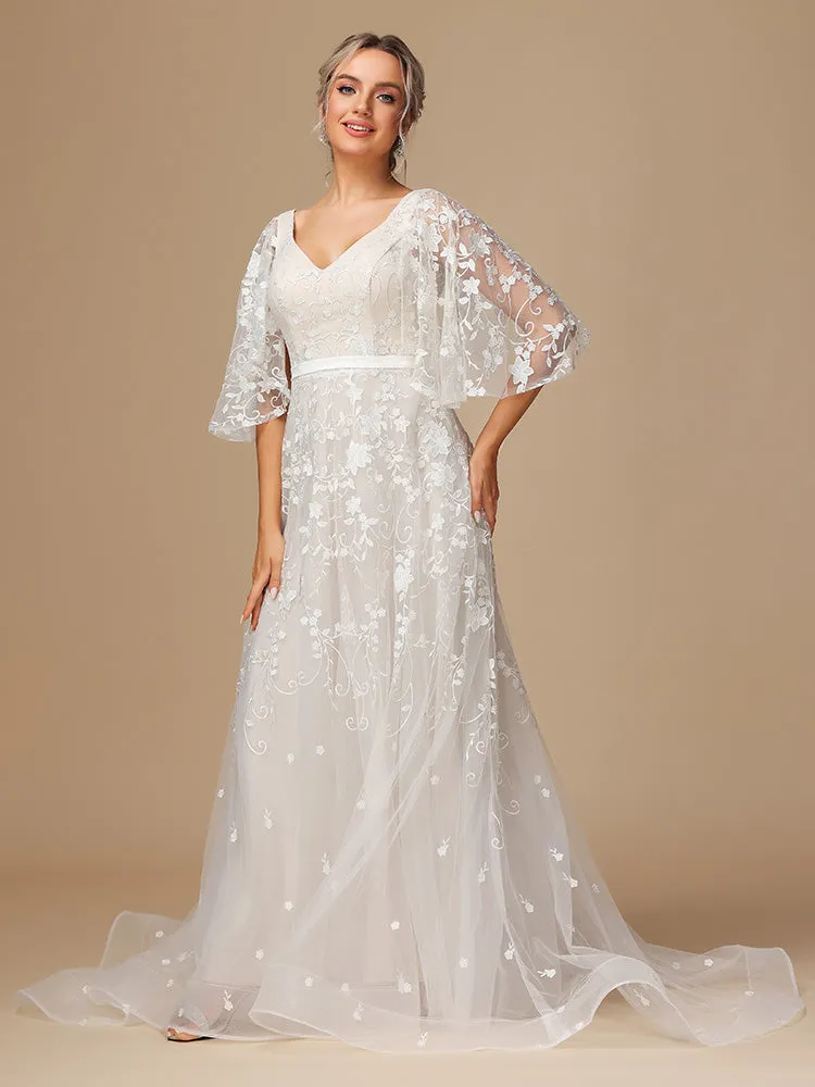 Col V et Manches papillon Dentelle Tulle Robe de Mariée avec Traîne