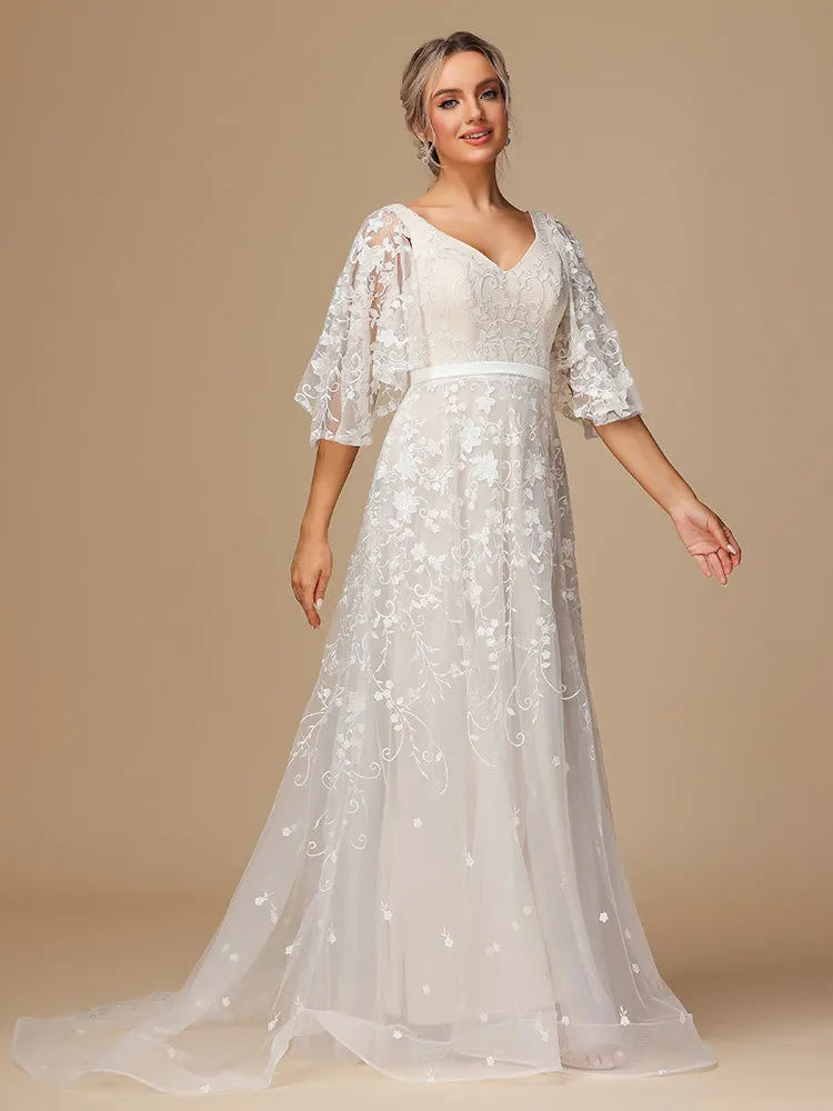 Col V et Manches papillon Dentelle Tulle Robe de Mariée avec Traîne