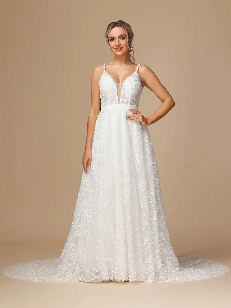 Col V profond Dentelle Tulle Robe de Mariée avec Traîne