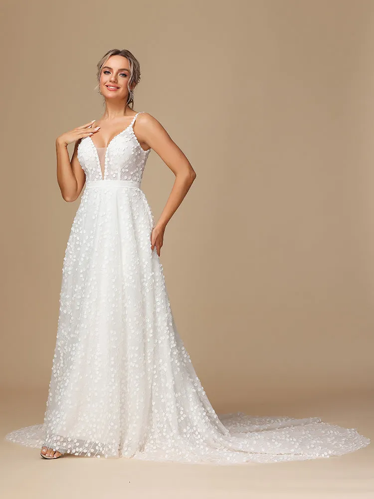 Col V profond Dentelle Tulle Robe de Mariée avec Traîne