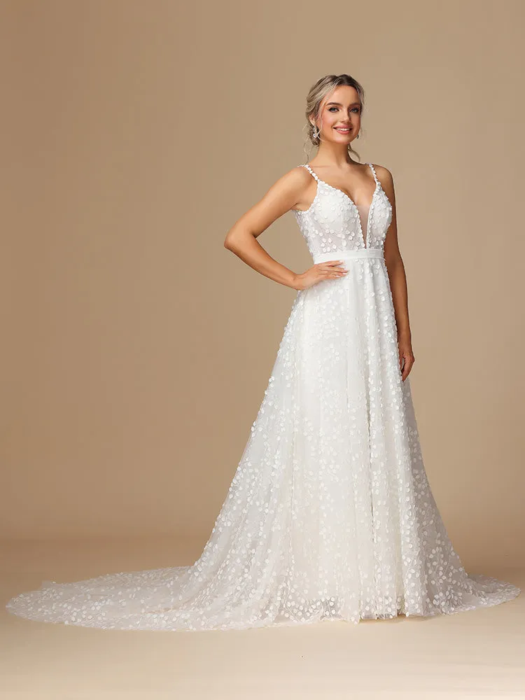 Col V profond Dentelle Tulle Robe de Mariée avec Traîne