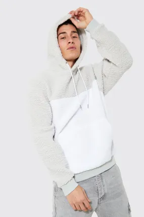 Colour Block Borg Hoodie | boohooMAN UK