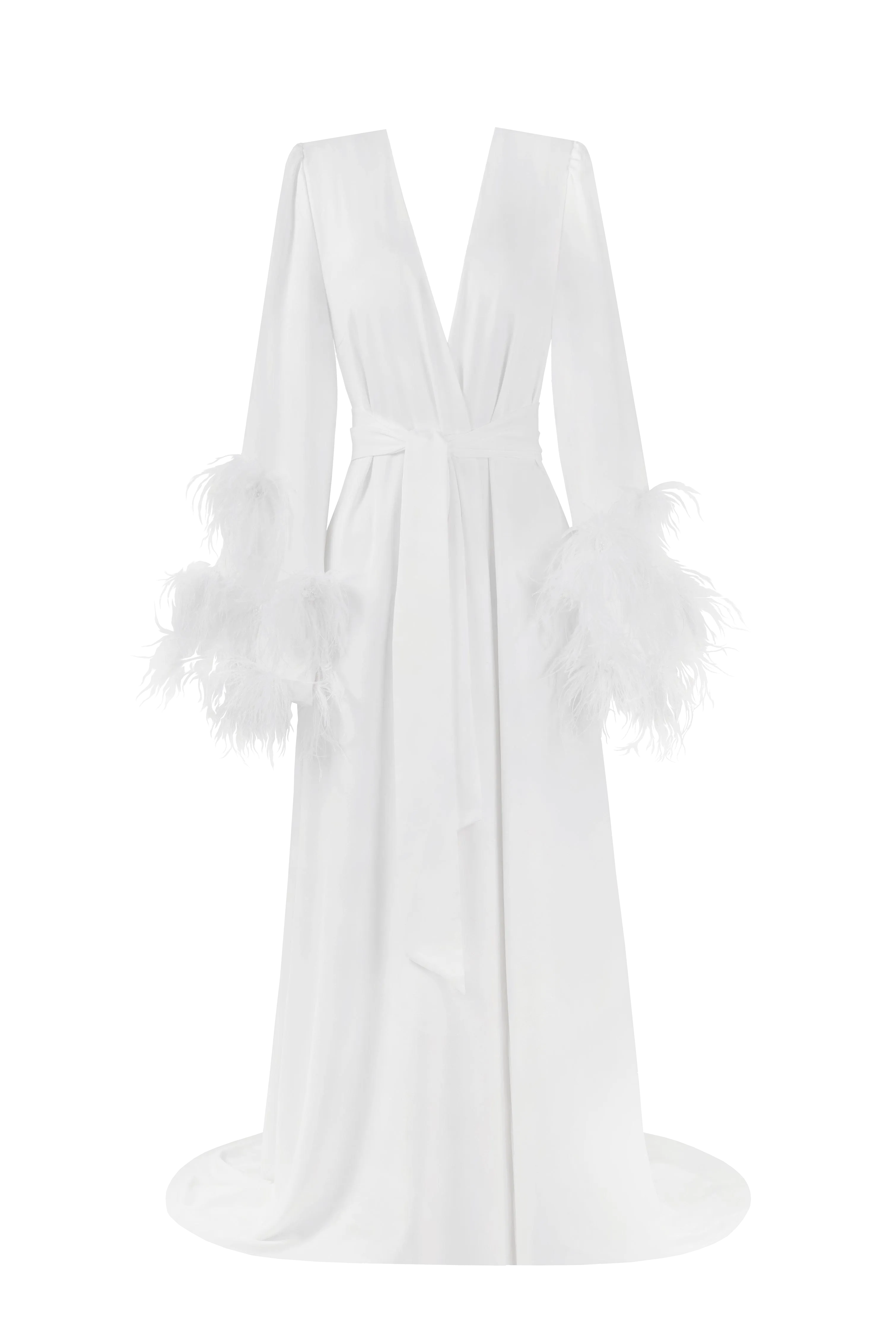 Delicate feather-trimmed satin robe