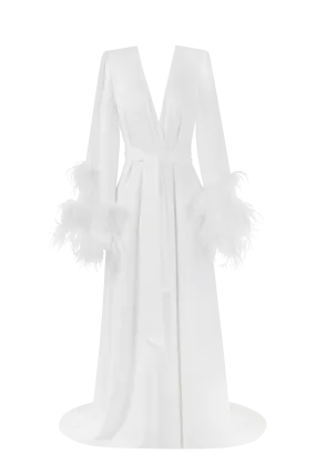 Delicate feather-trimmed satin robe