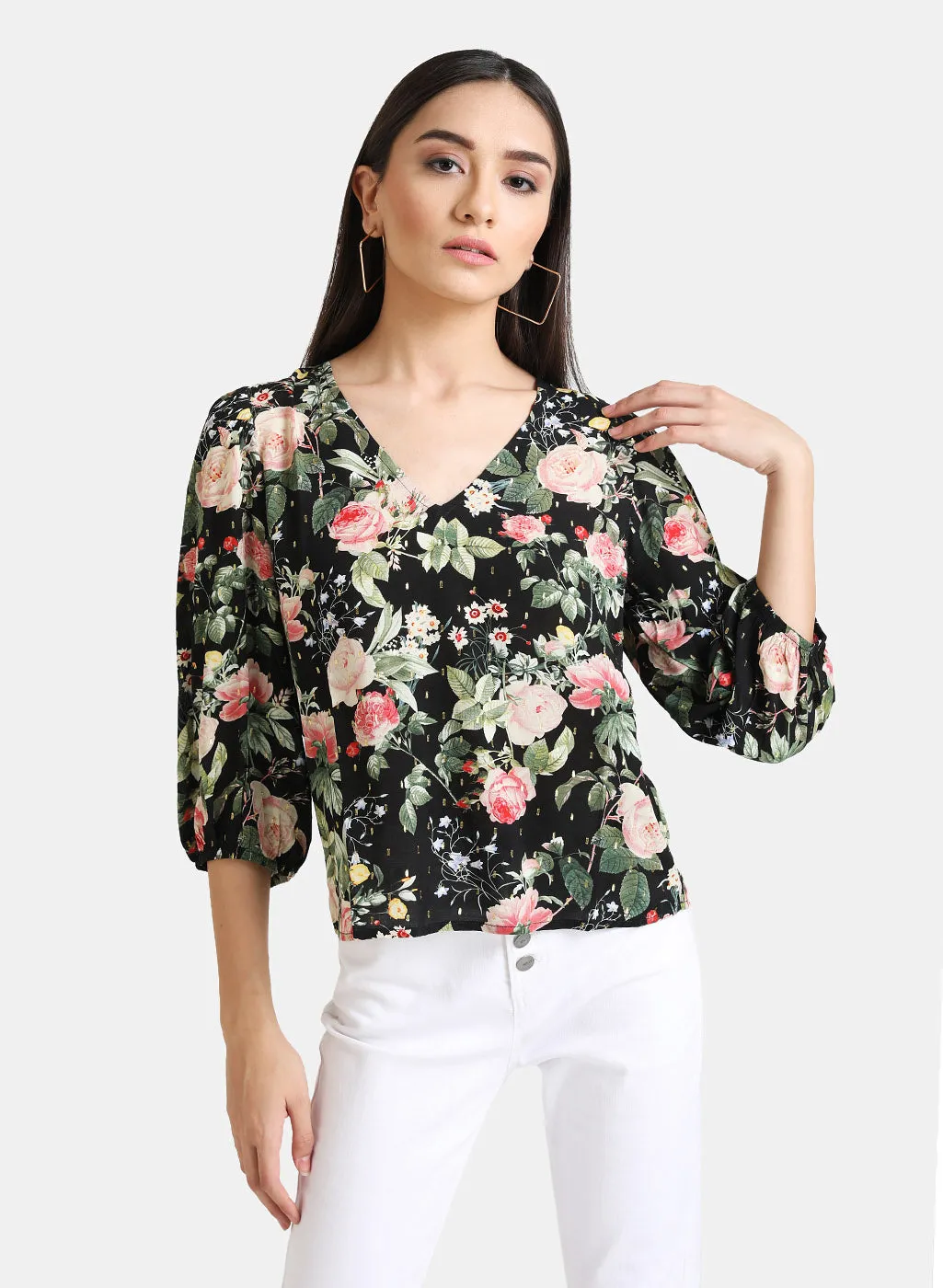 Floral Printed Top With Puff Sleeves