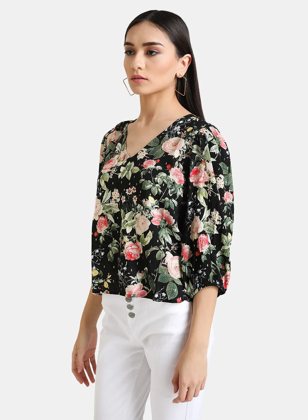 Floral Printed Top With Puff Sleeves