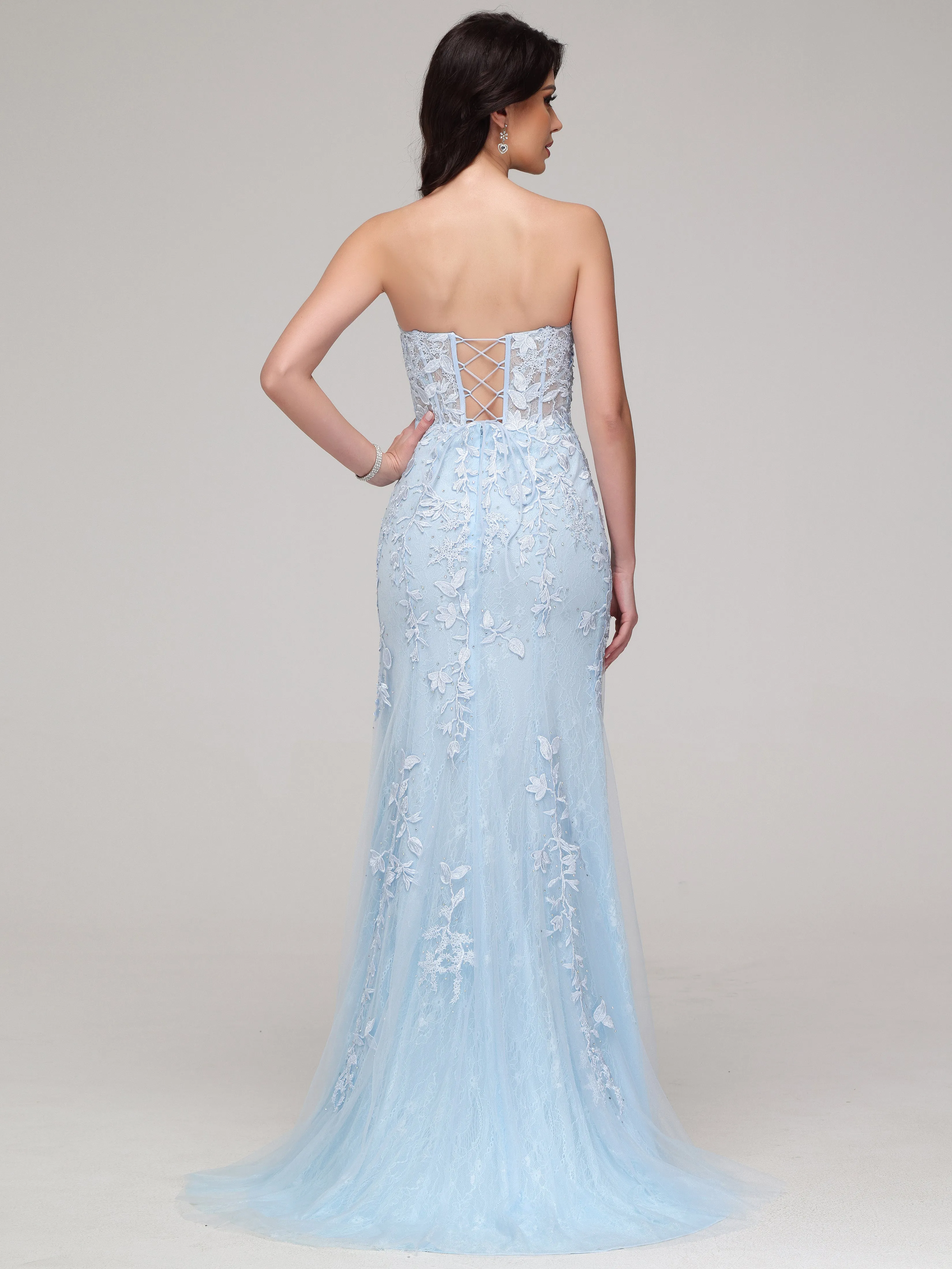 Forme sirène Cache cœur Fendue Strass Tulle Dentelle Robe de Soirée avec traîne BLEU CIEL