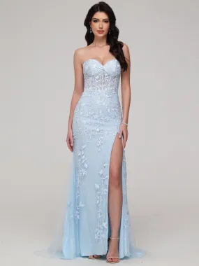 Forme sirène Cache cœur Fendue Strass Tulle Dentelle Robe de Soirée avec traîne BLEU CIEL