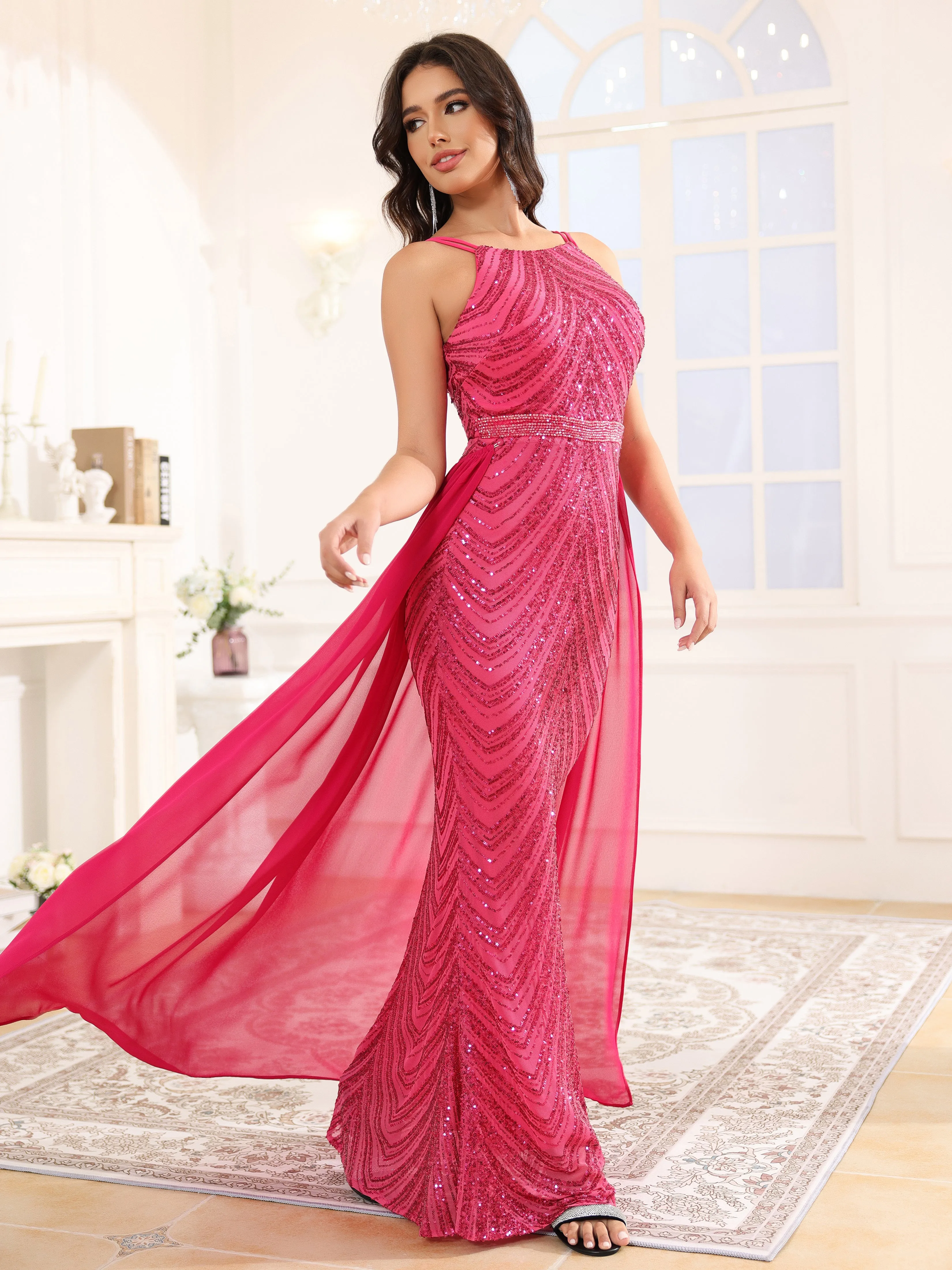 Fourreau détachable Paillettes Robe de Soirée FUCHSIA