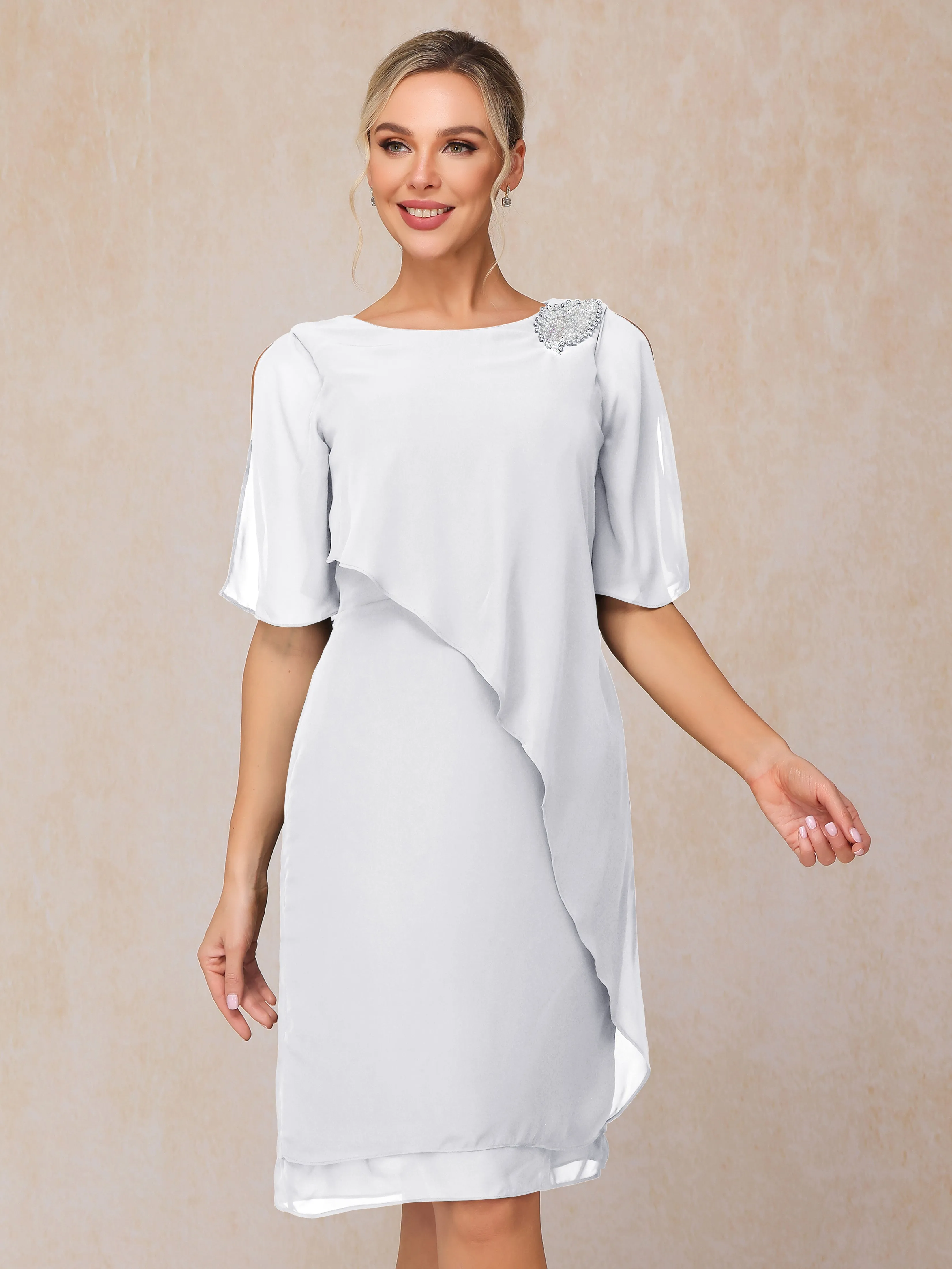 Fourreau Longueur genou Asymétrique Mousseline Robe Mère de la Mariée avec perles