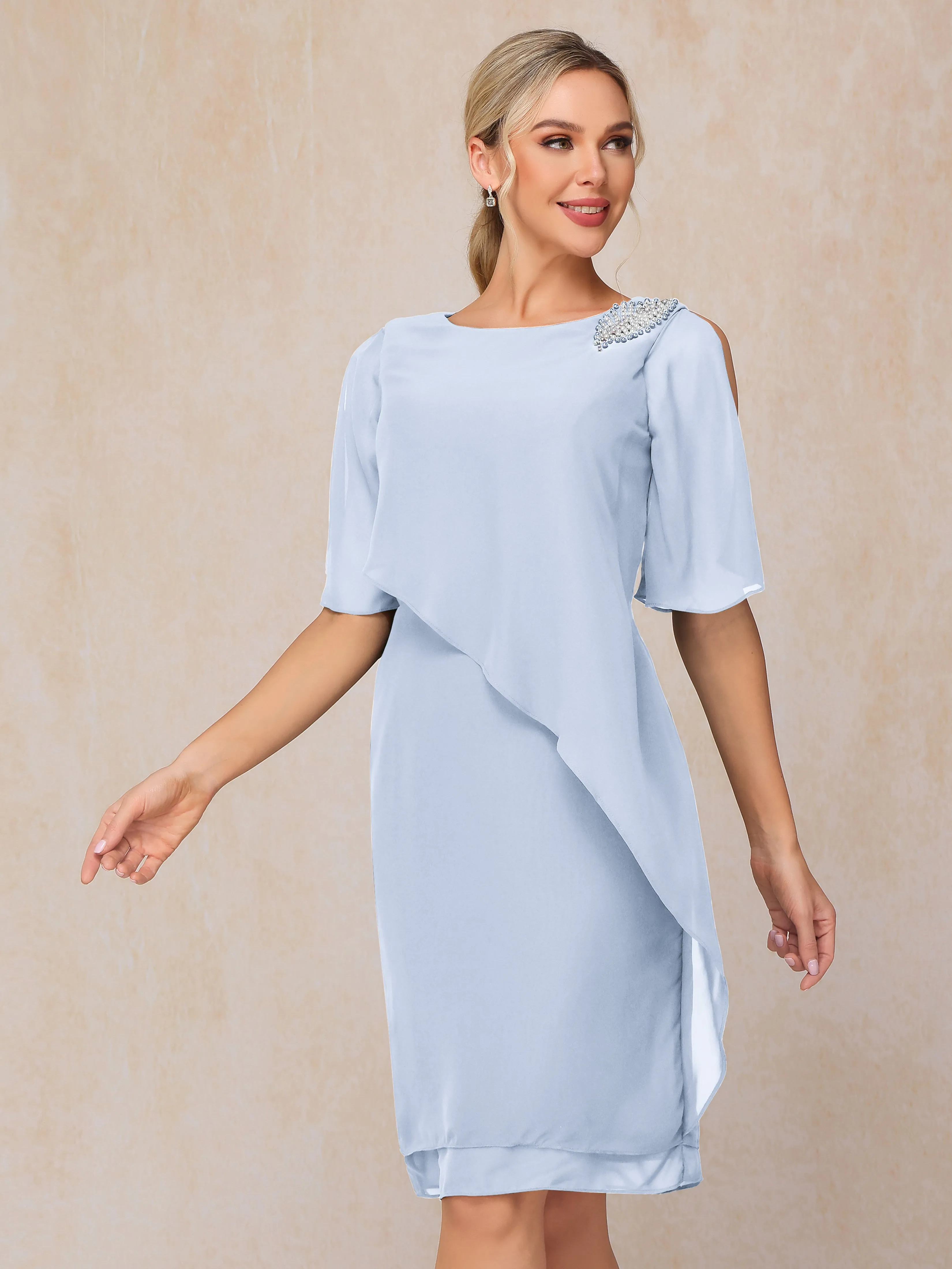 Fourreau Longueur genou Asymétrique Mousseline Robe Mère de la Mariée avec perles