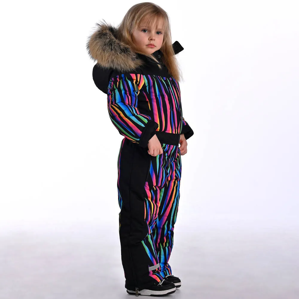 Girls Black Multicolour Stripe Snowsuit