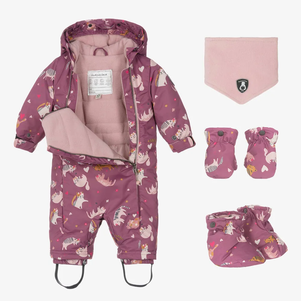 Girls Purple & Pink Cat Snowsuit Set