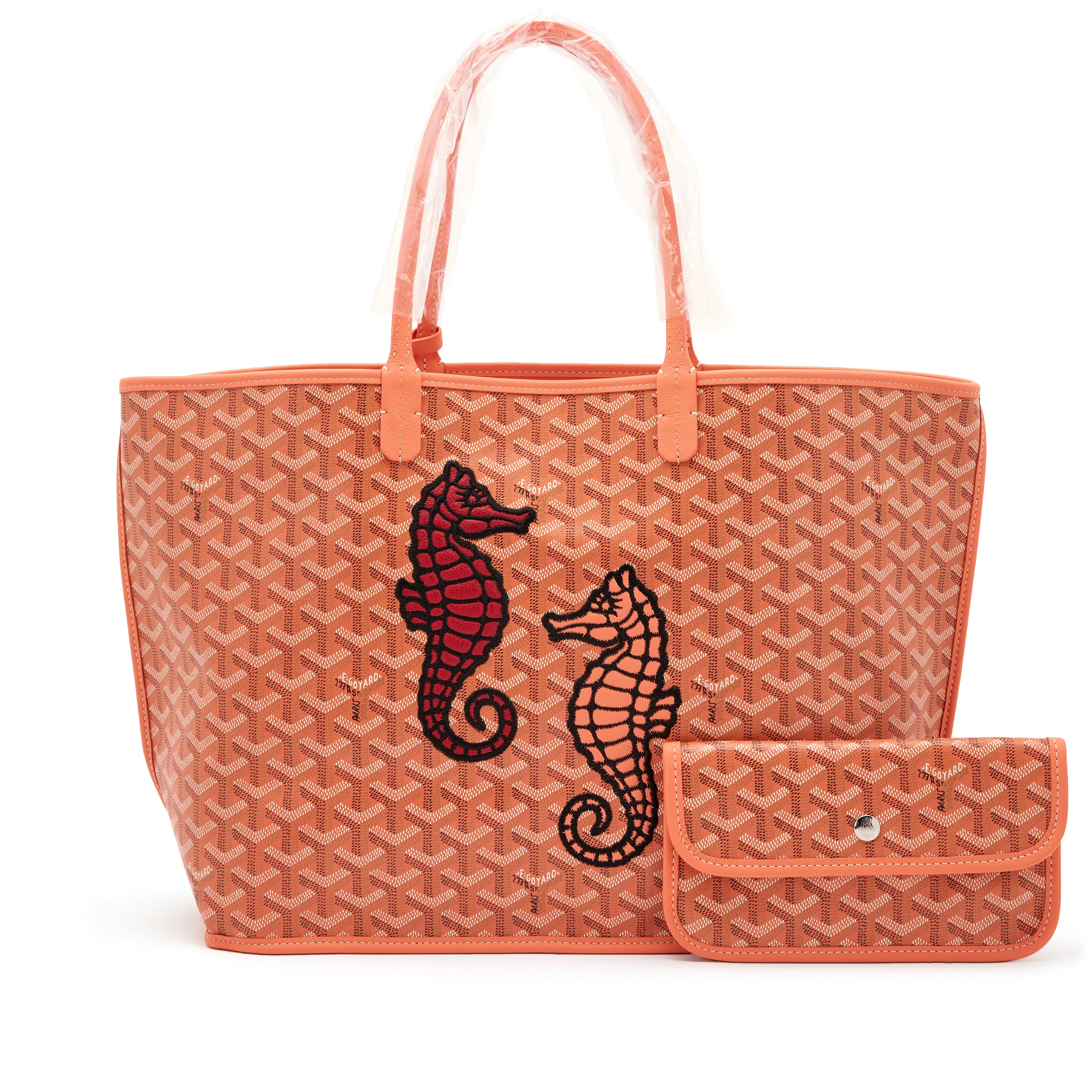 Goyard Limited Edition Coral Pink Goyardine Canvas and Chevroches Calfskin Reversible Seahorse Embroidery Anjou PM Tote, 2024