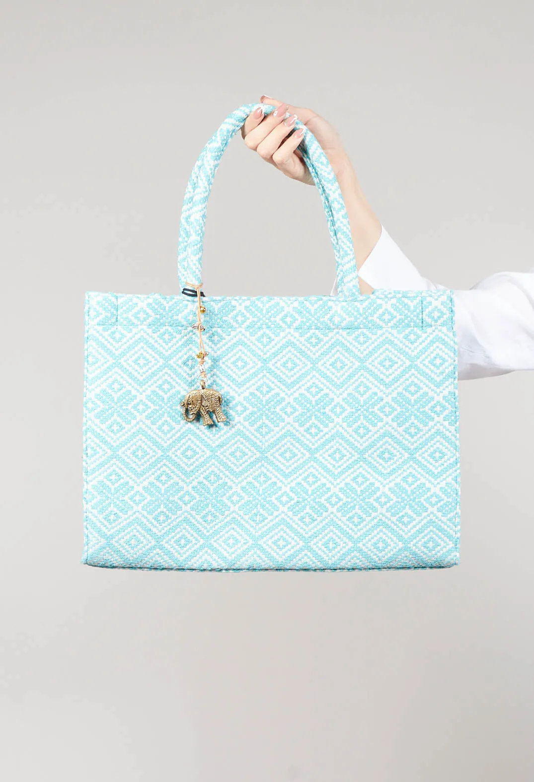 Large Tote Bag with Geometric Print in Ocean Blue