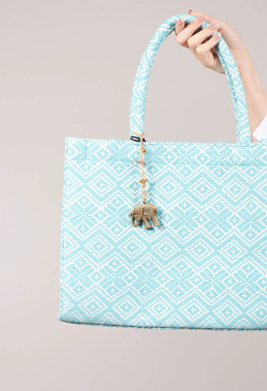 Large Tote Bag with Geometric Print in Ocean Blue