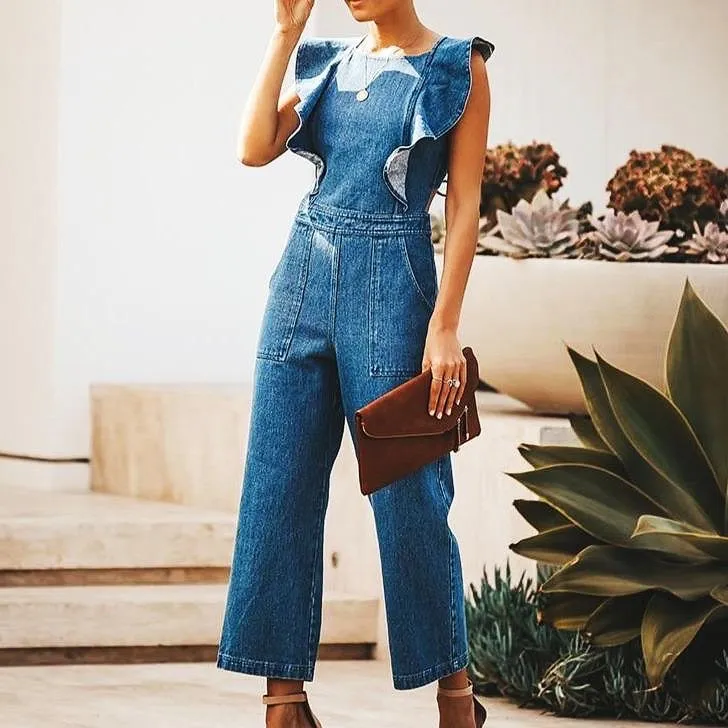 LEALA RUFFLE DENIM JUMPSUIT