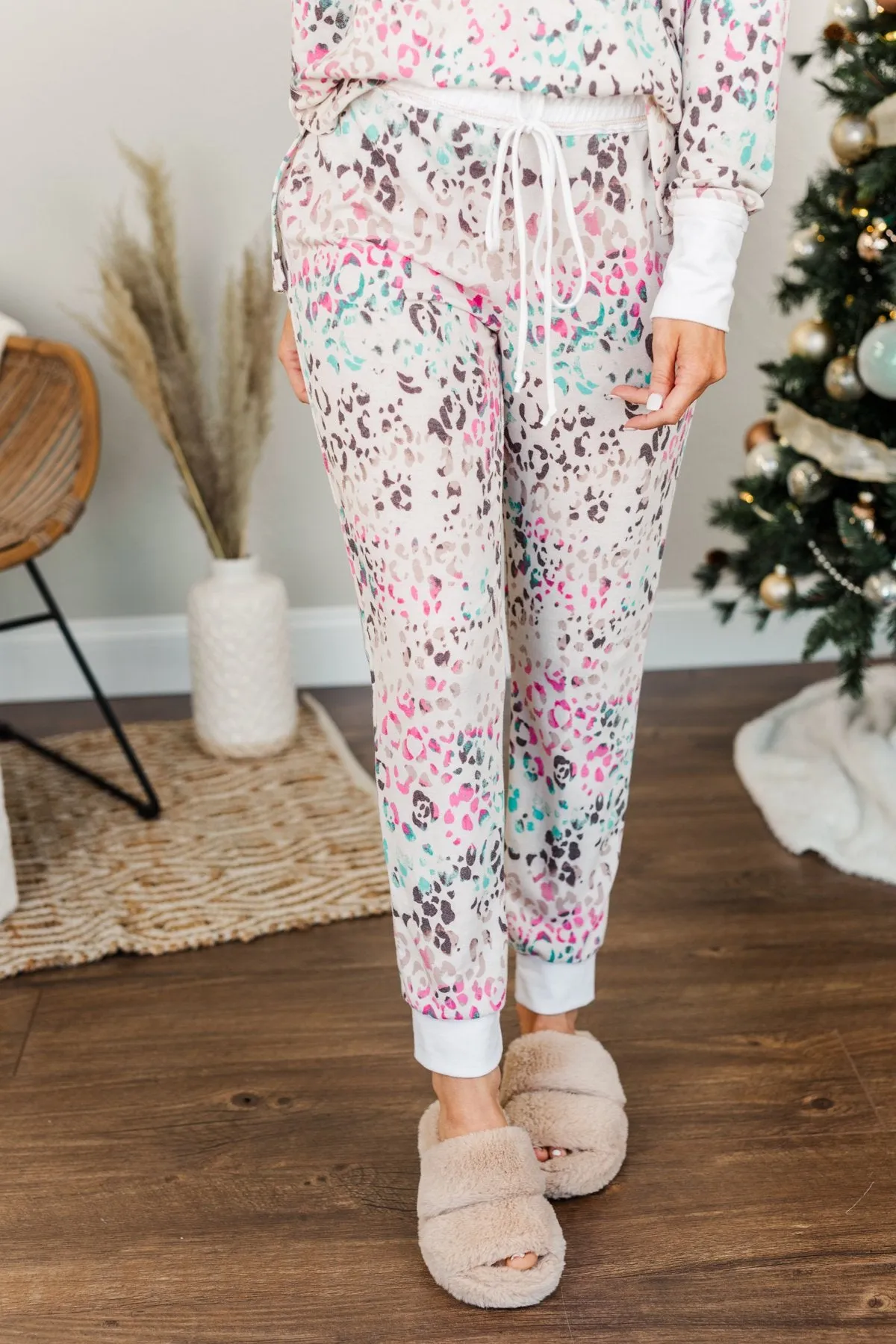 Living It Up Leopard Lounge Joggers- Cream & Multi-Color