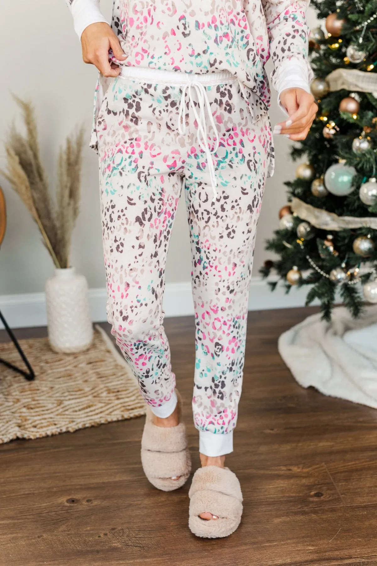 Living It Up Leopard Lounge Joggers- Cream & Multi-Color