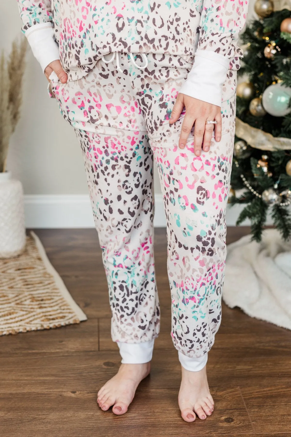 Living It Up Leopard Lounge Joggers- Cream & Multi-Color