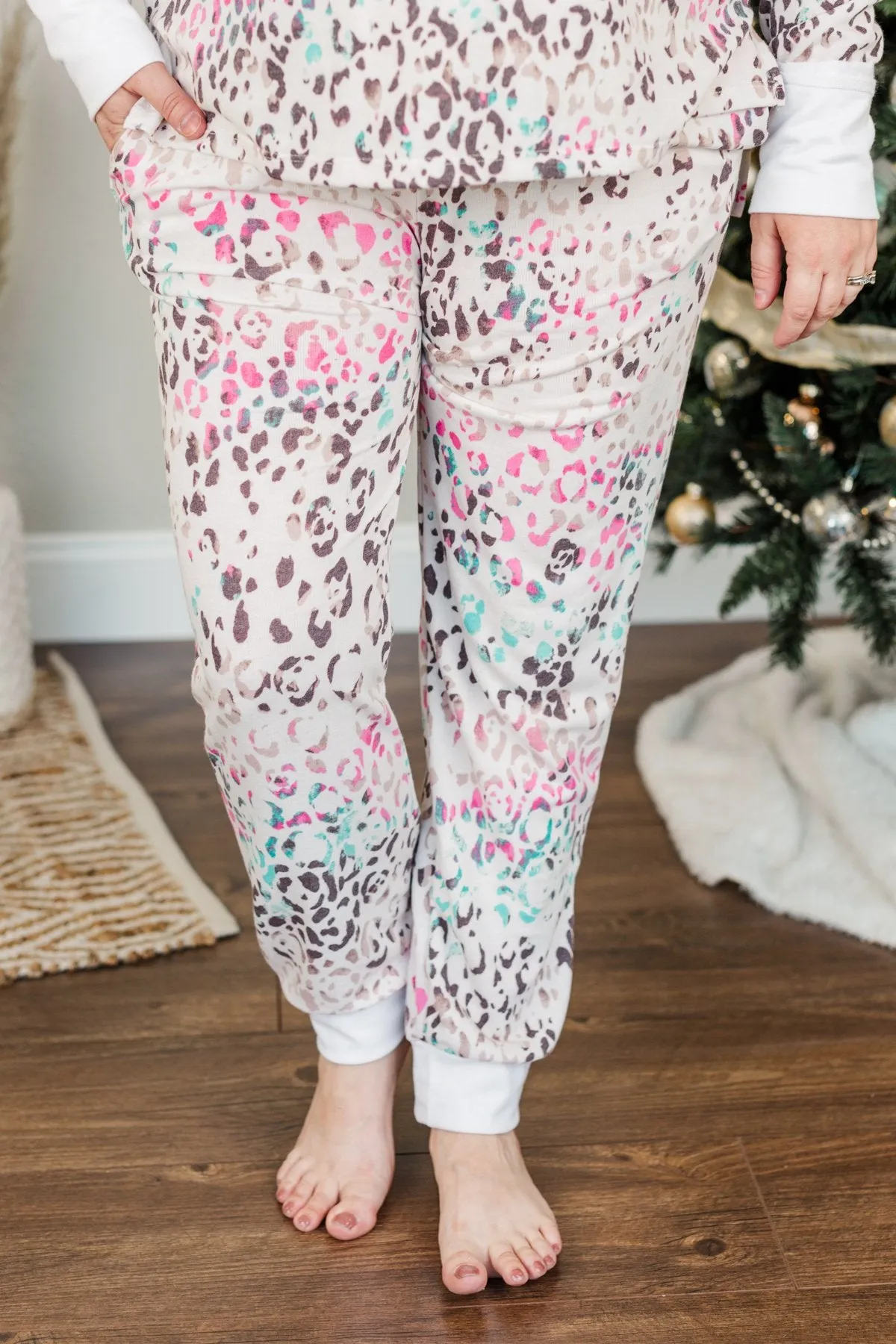 Living It Up Leopard Lounge Joggers- Cream & Multi-Color