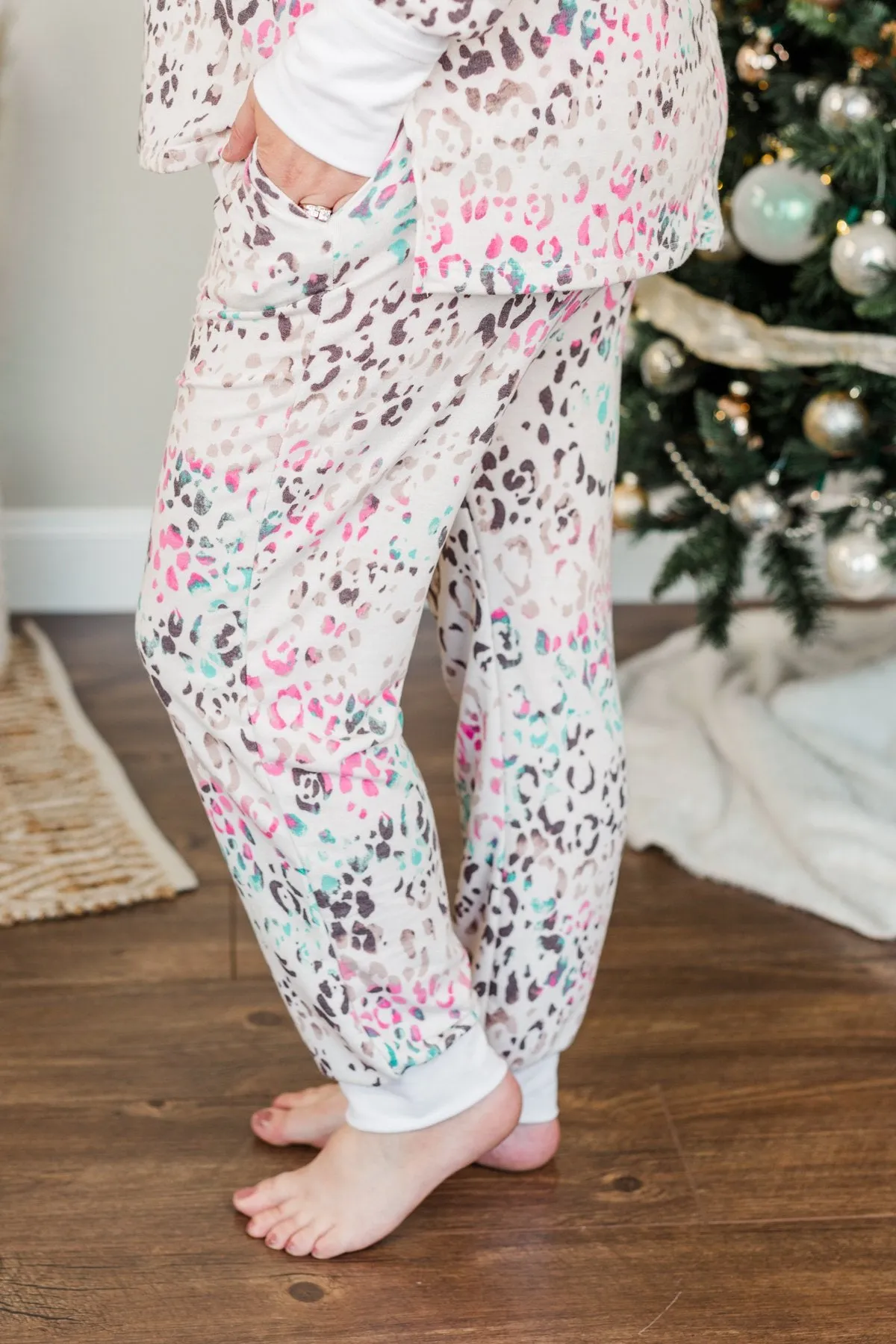 Living It Up Leopard Lounge Joggers- Cream & Multi-Color