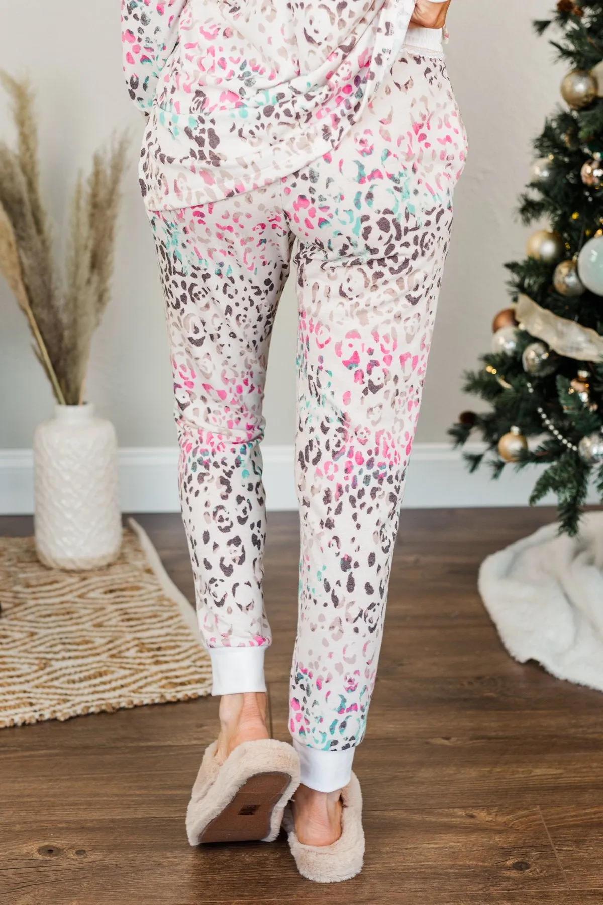 Living It Up Leopard Lounge Joggers- Cream & Multi-Color