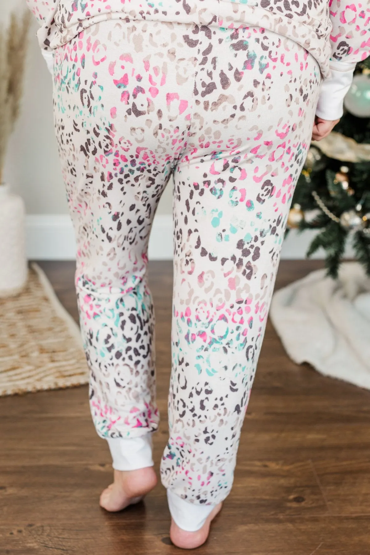 Living It Up Leopard Lounge Joggers- Cream & Multi-Color