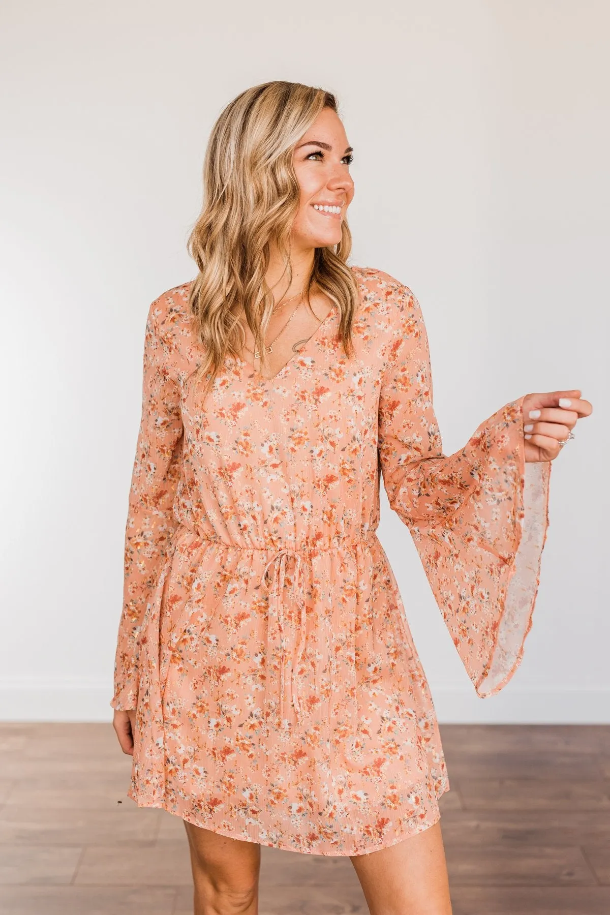 Loveliest Smiles Long Sleeve Dress- Peach