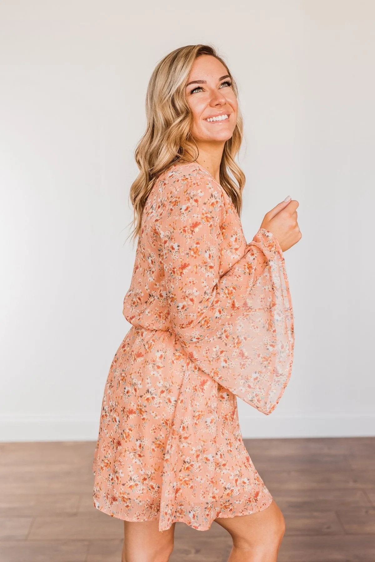 Loveliest Smiles Long Sleeve Dress- Peach