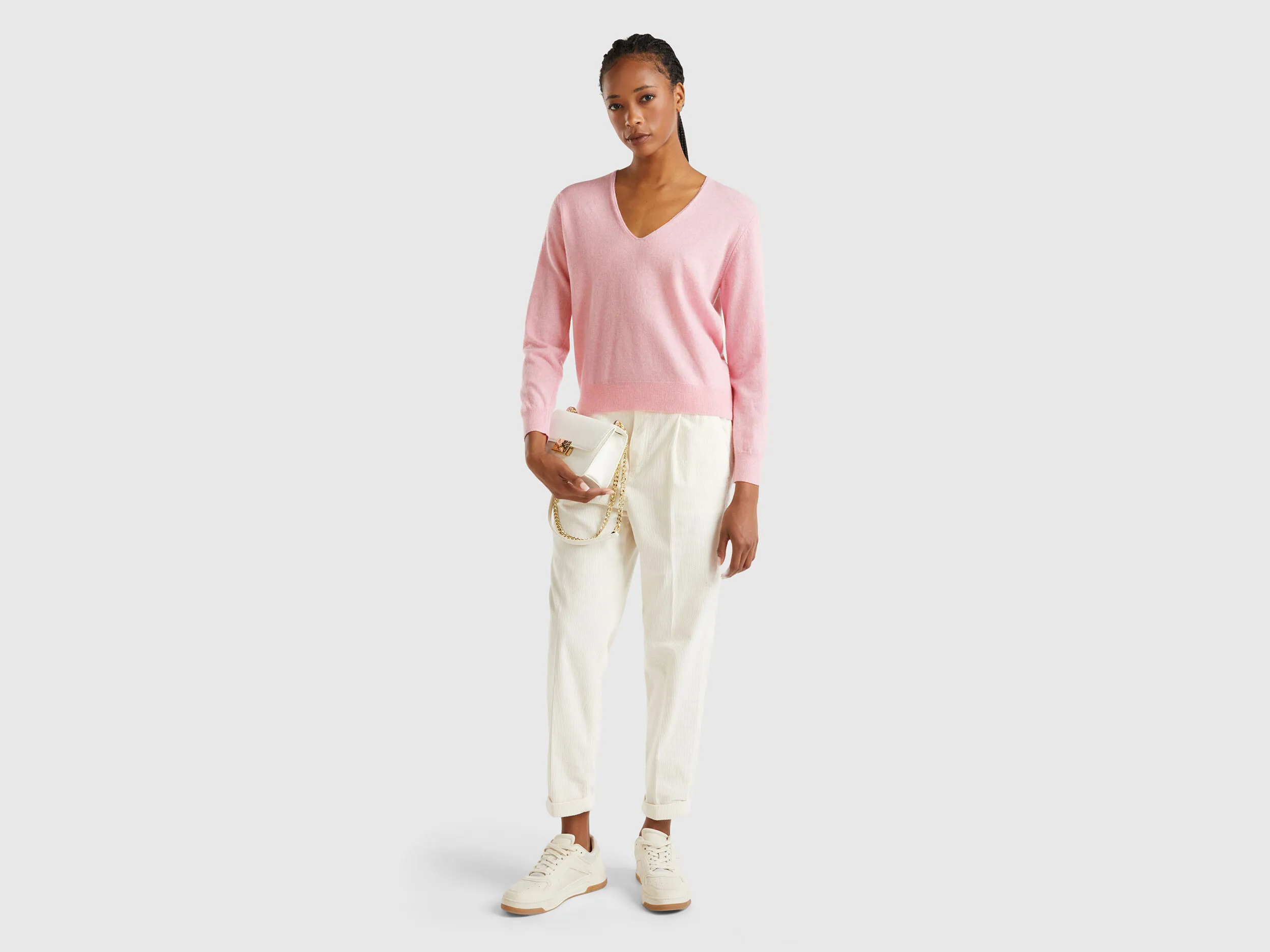 Marl pink V-neck sweater in pure Merino wool - Pink | Benetton