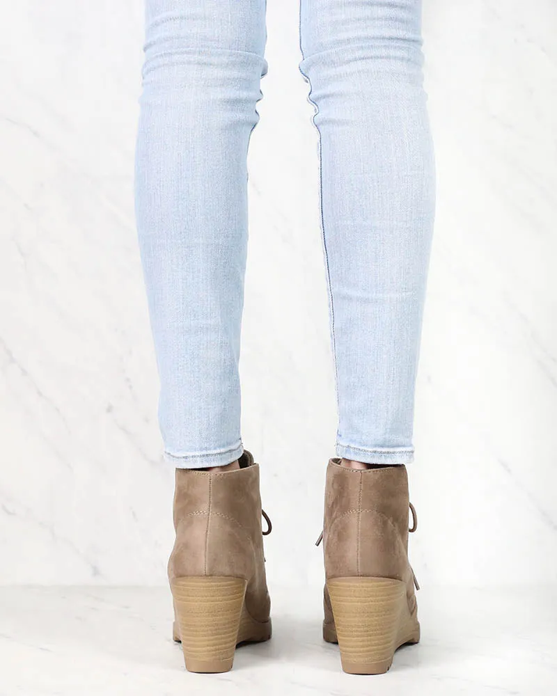 Not So Far Fetched Lace-Up Wedge Ankle Booties in Taupe