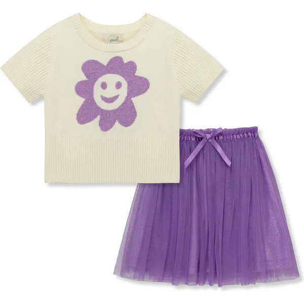 Peek Kids Happy Flower Knit Sweater & Tutu Skirt Set, Purple