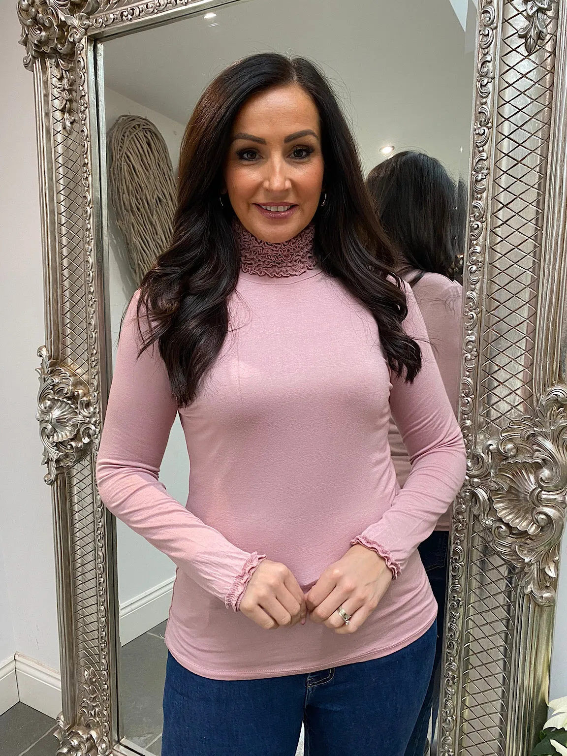 Pink Ruffle Roll Neck Top Regan